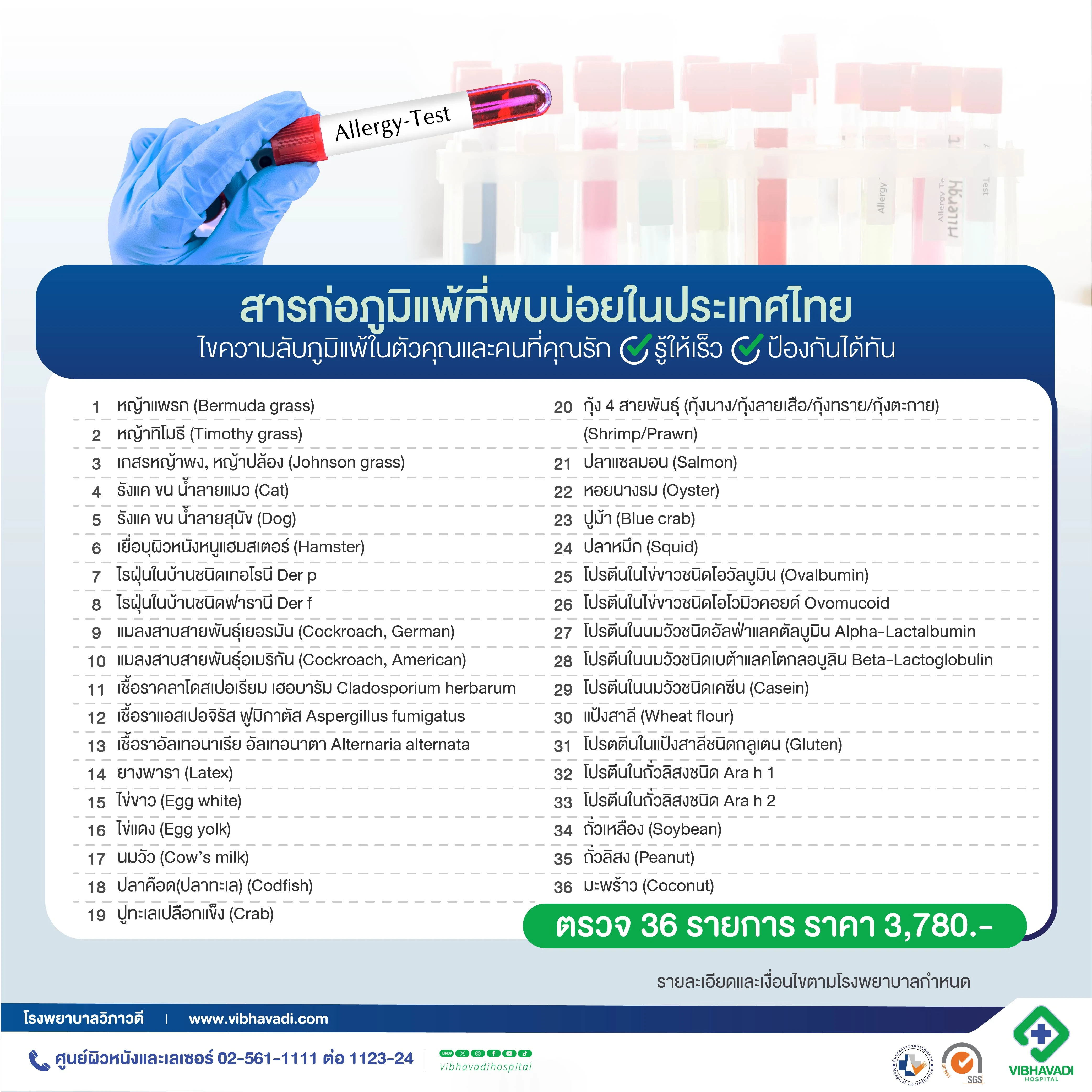 ตรวจหาสารก่อภูมิแพ้ที่พบได้บ่อยในไทย 36 รายการ แบบเจาะเลือด